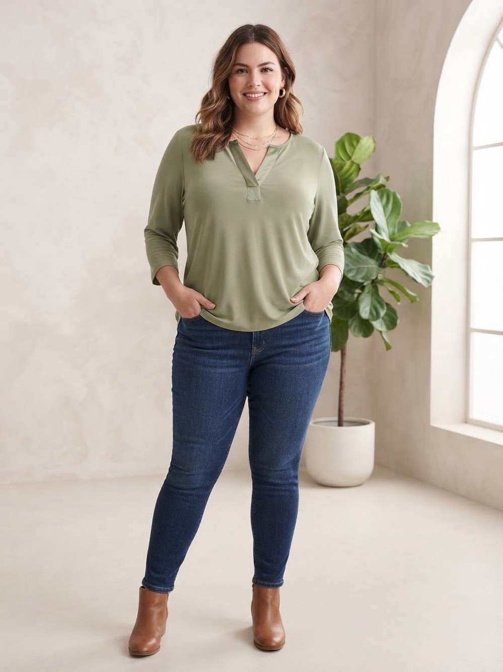 Banana Republic Olive Sage V-Neck Henley Blouse